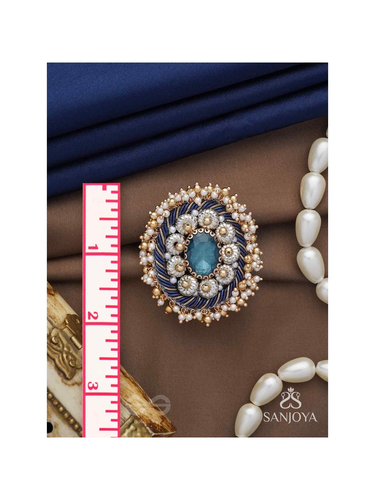 Rajiva - Deep Sea Dream - Stone And Beads Hand Embroidered Ring