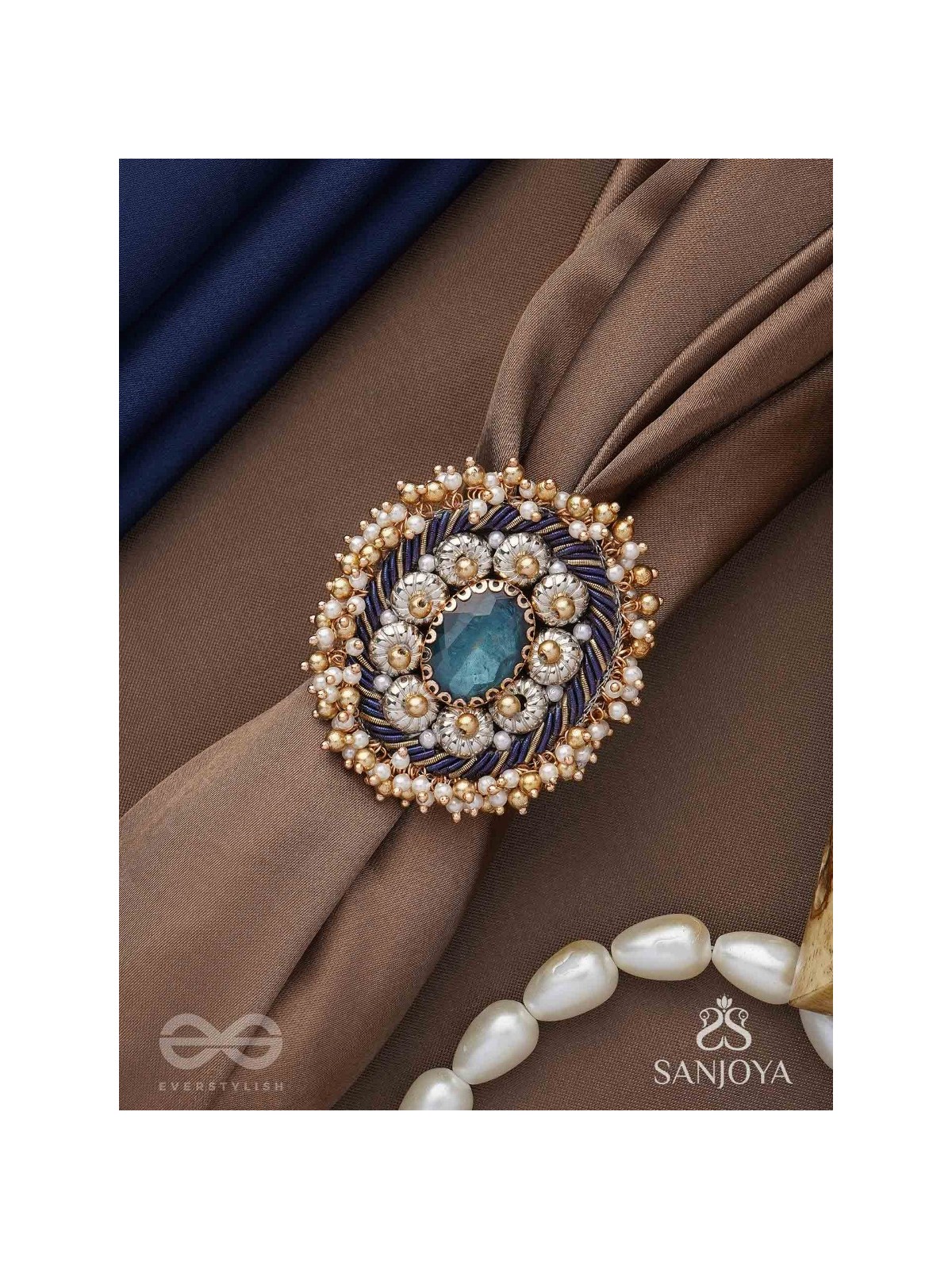 Rajiva - Deep Sea Dream - Stone And Beads Hand Embroidered Ring