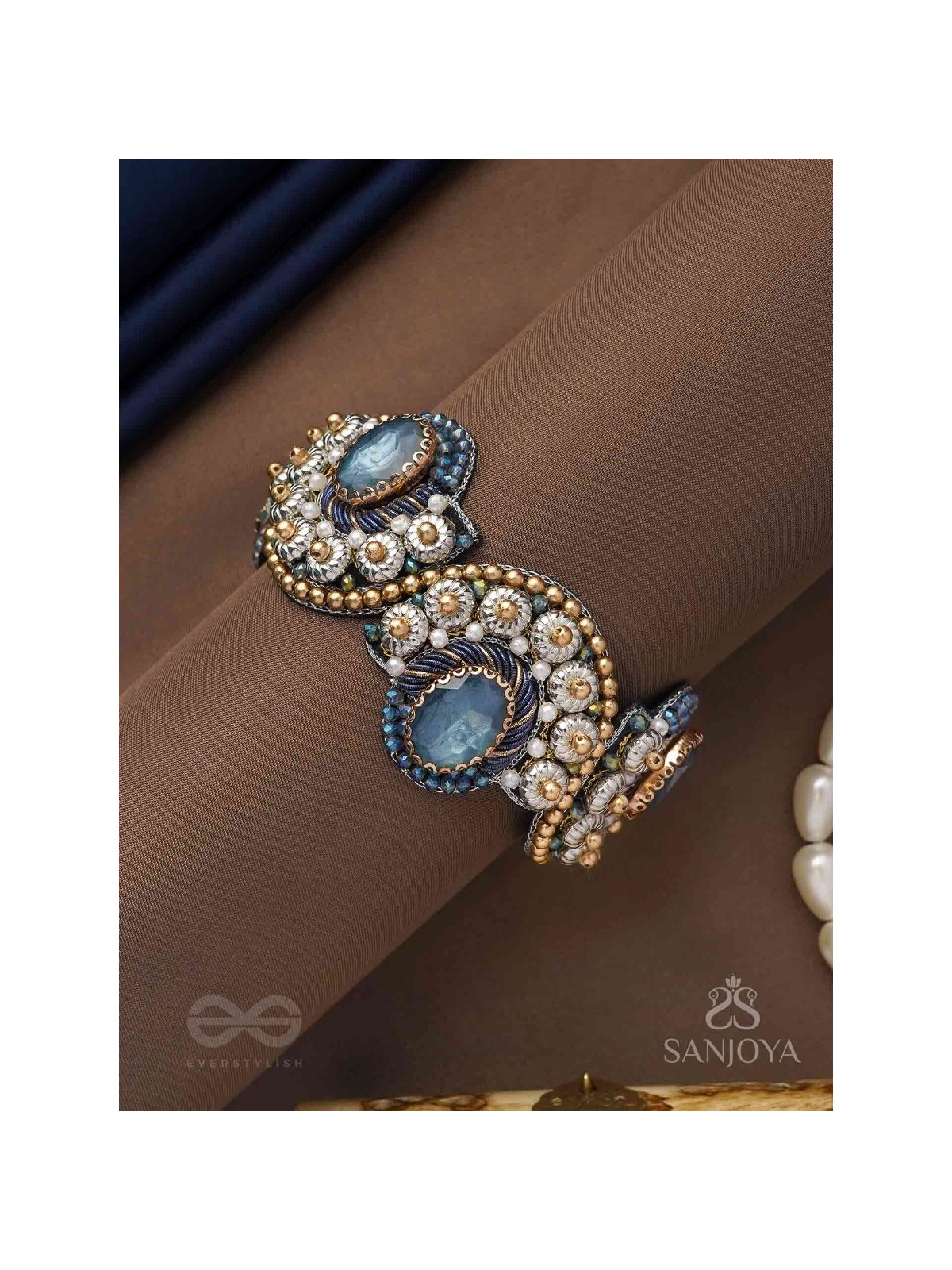 Aadhvara - The Celestial Skies - Stone And Beads Hand Embroidered Cuff Bracelet