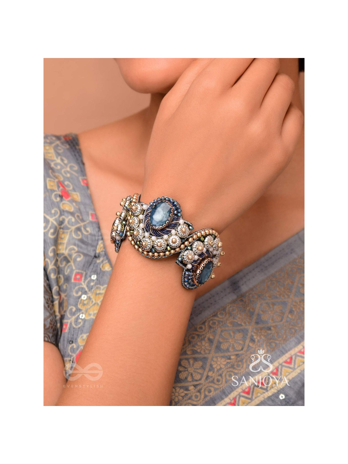 Aadhvara - The Celestial Skies - Stone And Beads Hand Embroidered Cuff Bracelet