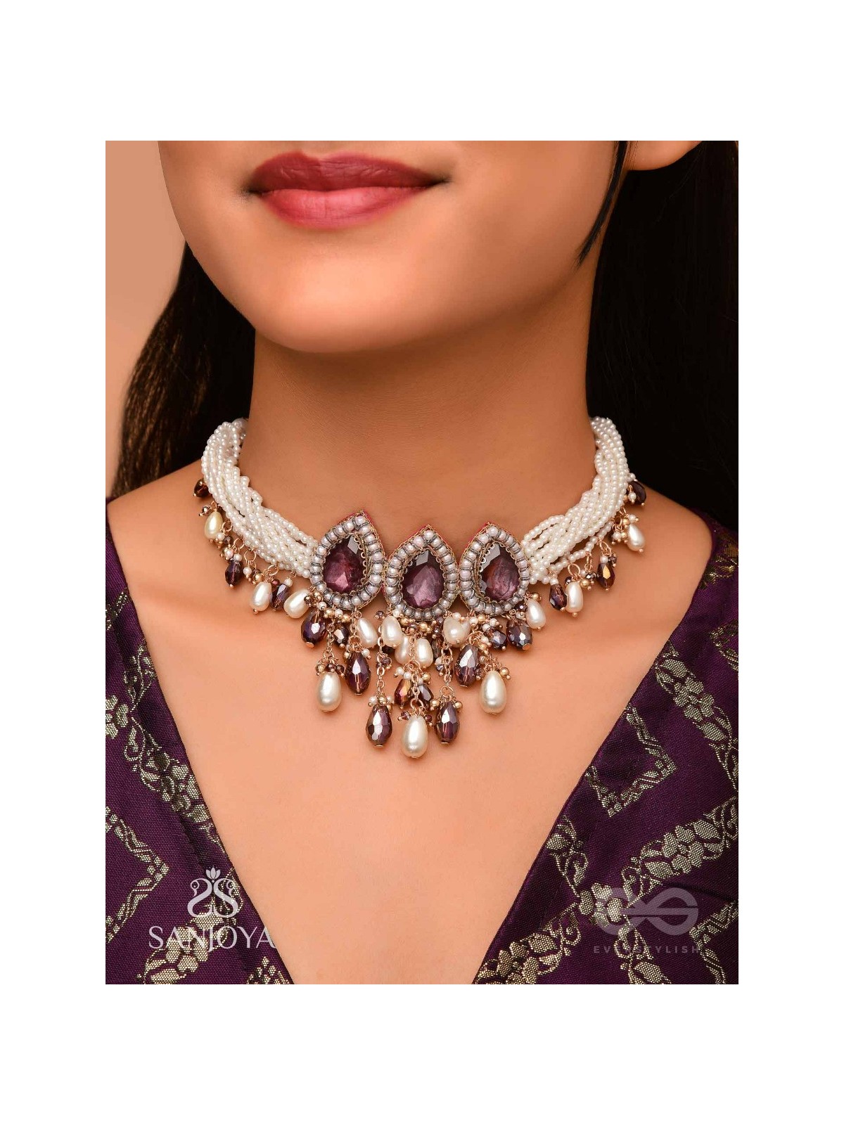 Syamatva - The Sparkling Night - Stone, Beads And Pearls Hand Embroidered Neckpiece