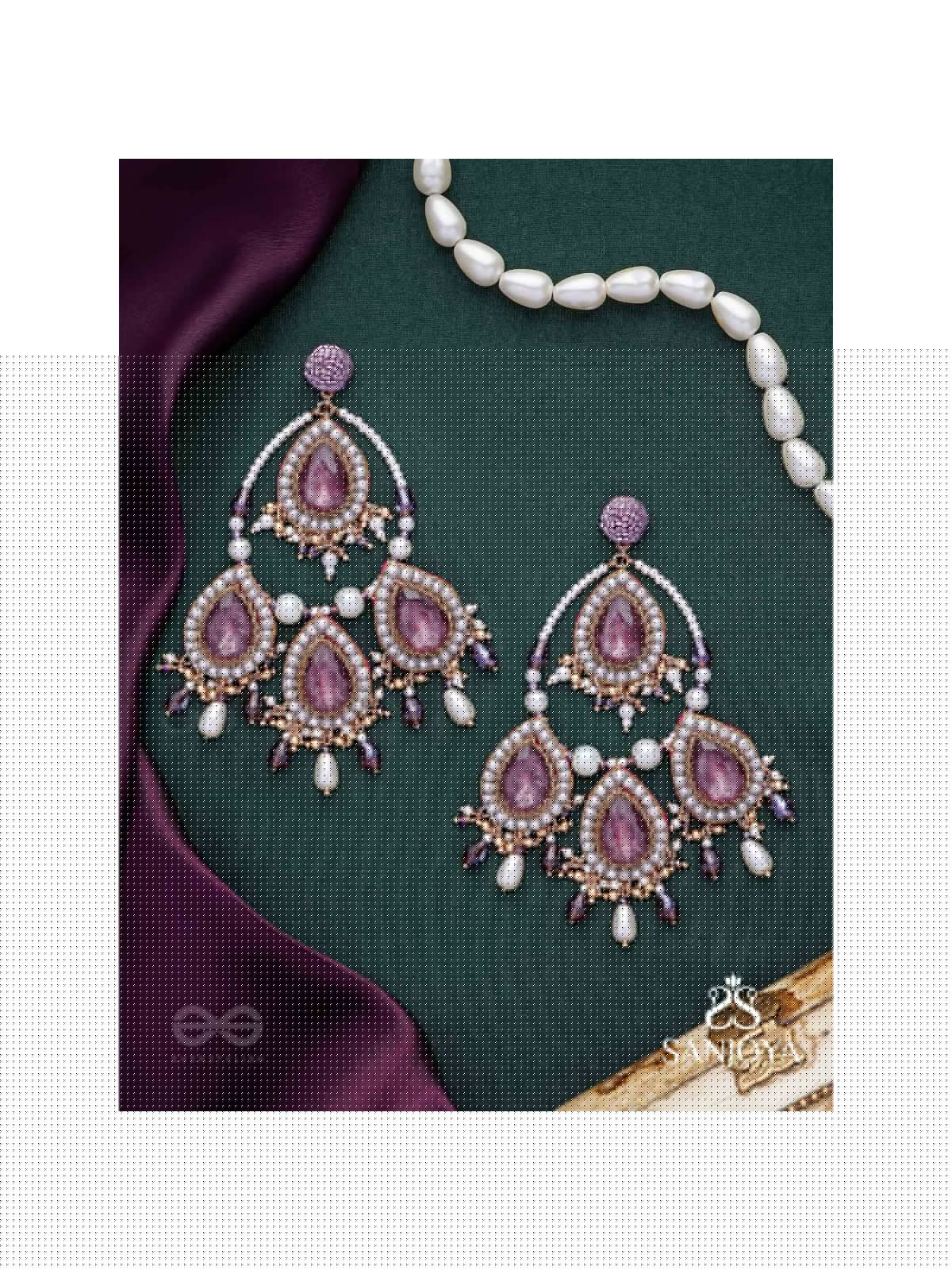 Viruda - Blushing Majesty - Stone And Beads Hand Embroidered Earrings