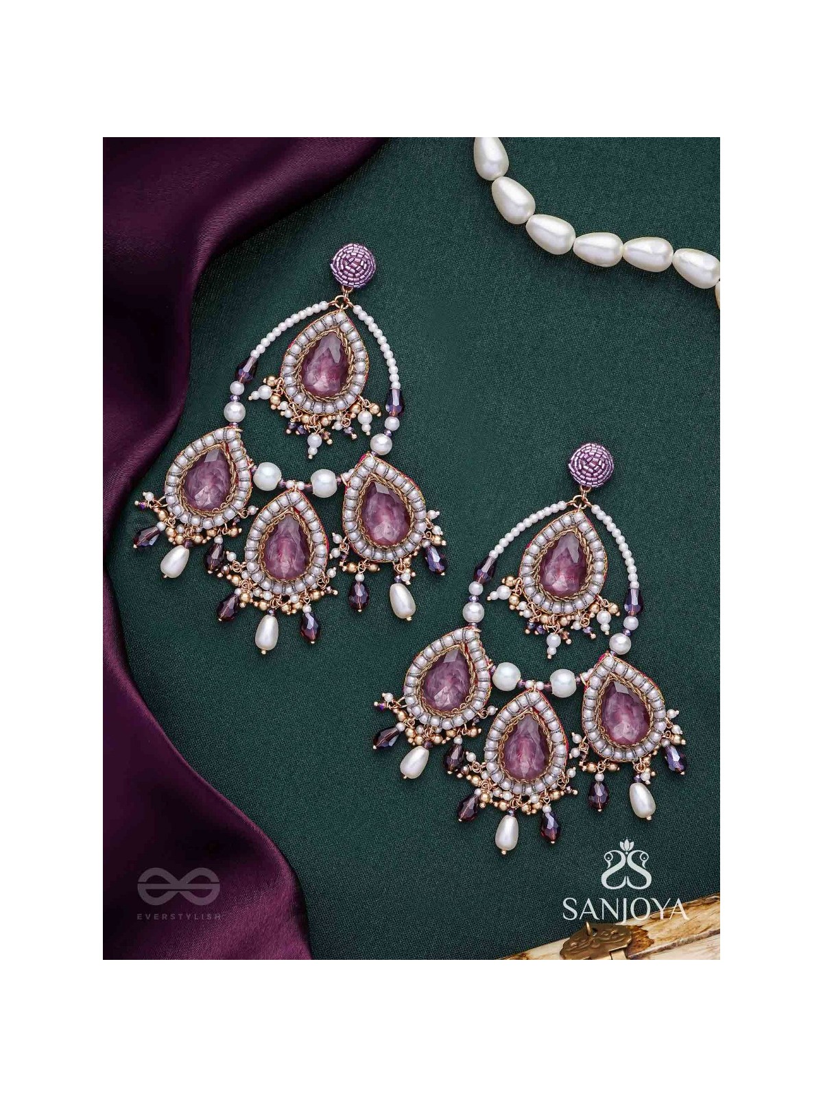 Viruda - Blushing Majesty - Stone And Beads Hand Embroidered Earrings
