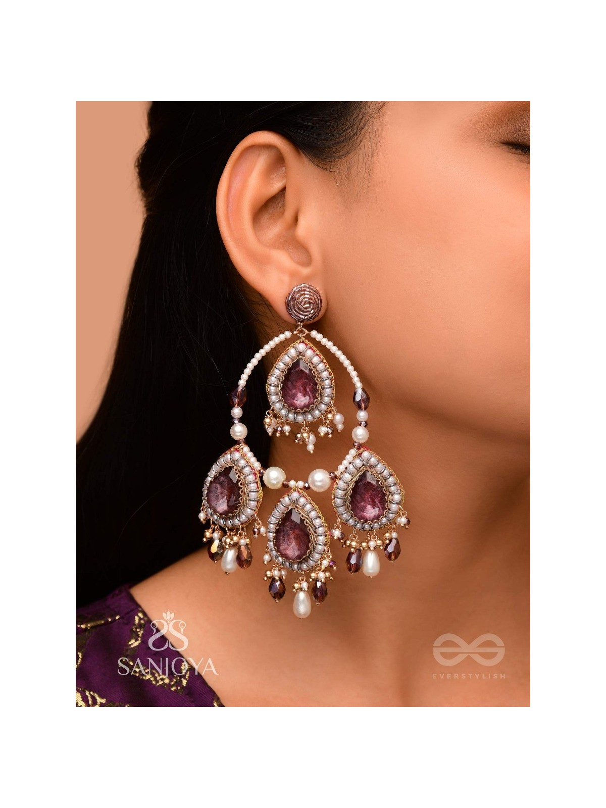 Viruda - Blushing Majesty - Stone And Beads Hand Embroidered Earrings