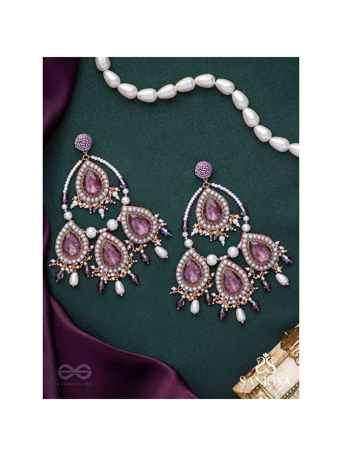 Viruda - Blushing Majesty - Stone And Beads Hand Embroidered Earrings
