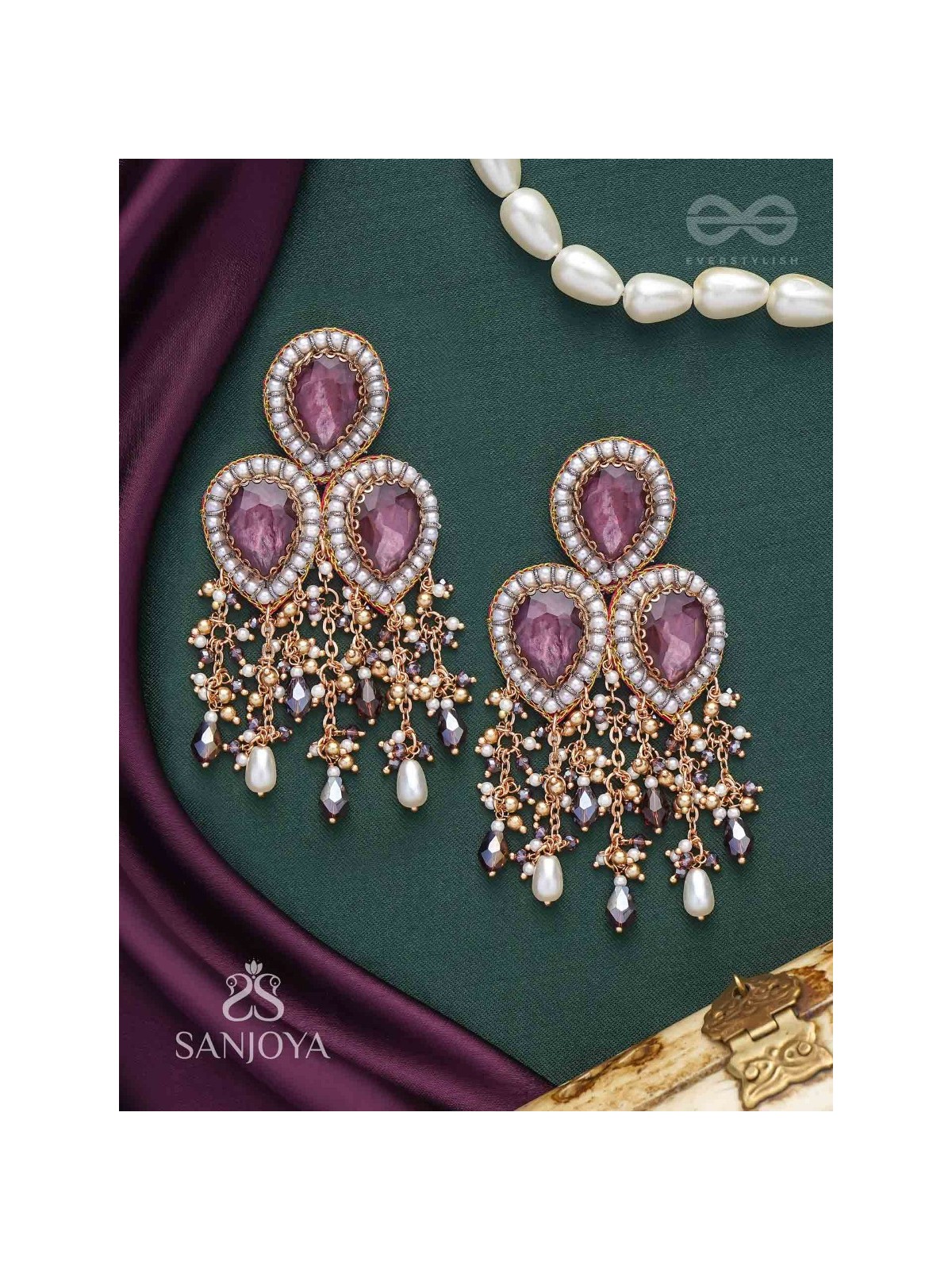 Anukrus - The Rosy Rain - Stone And Beads Hand Embroidered Earrings