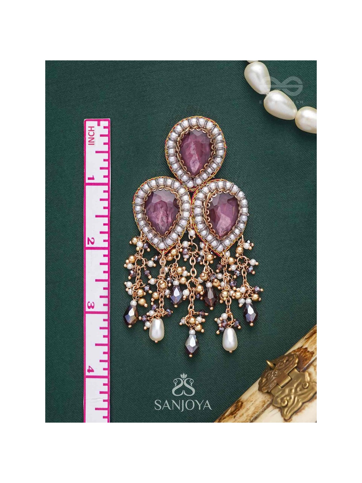 Anukrus - The Rosy Rain - Stone And Beads Hand Embroidered Earrings