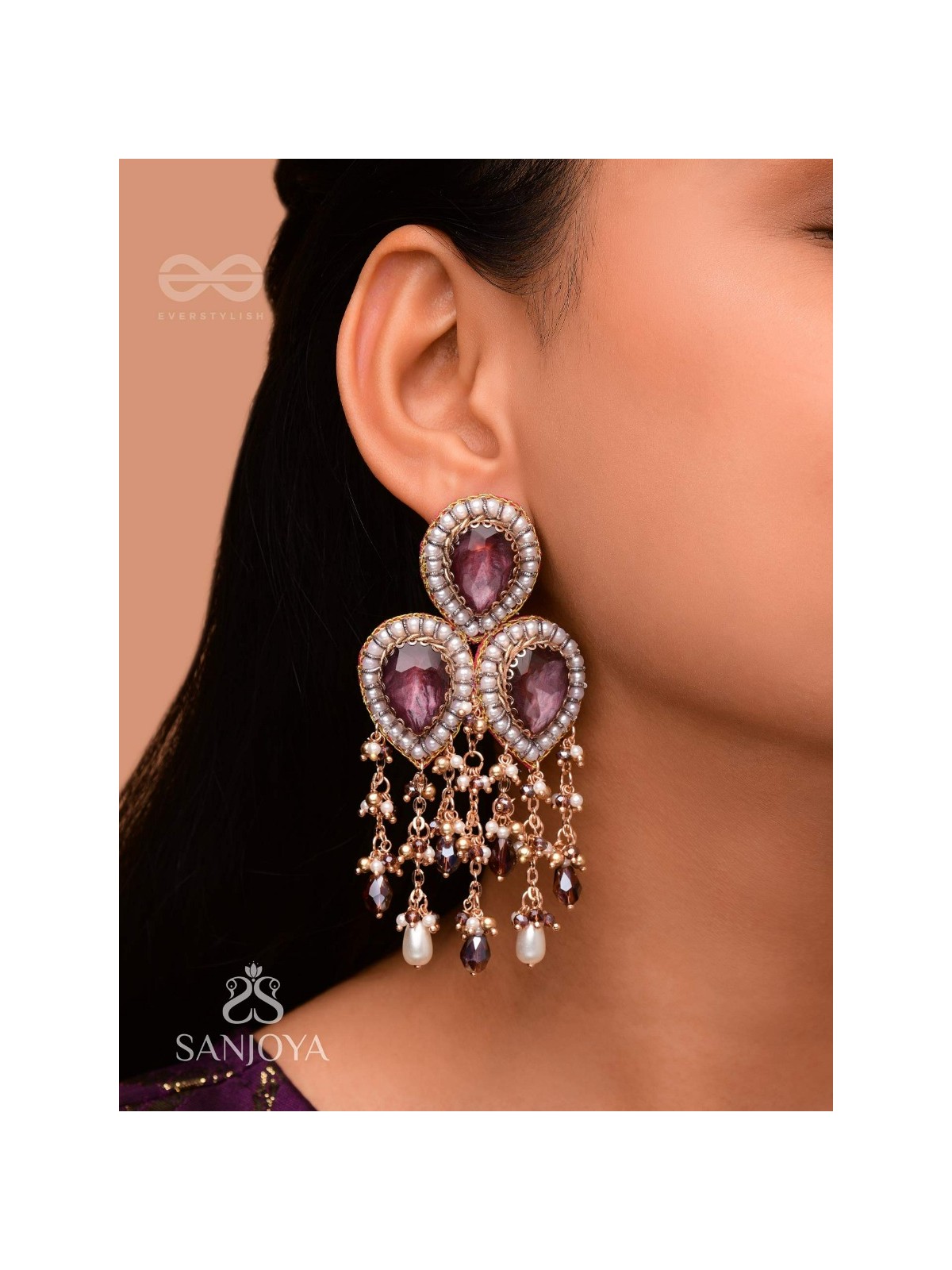 Anukrus - The Rosy Rain - Stone And Beads Hand Embroidered Earrings