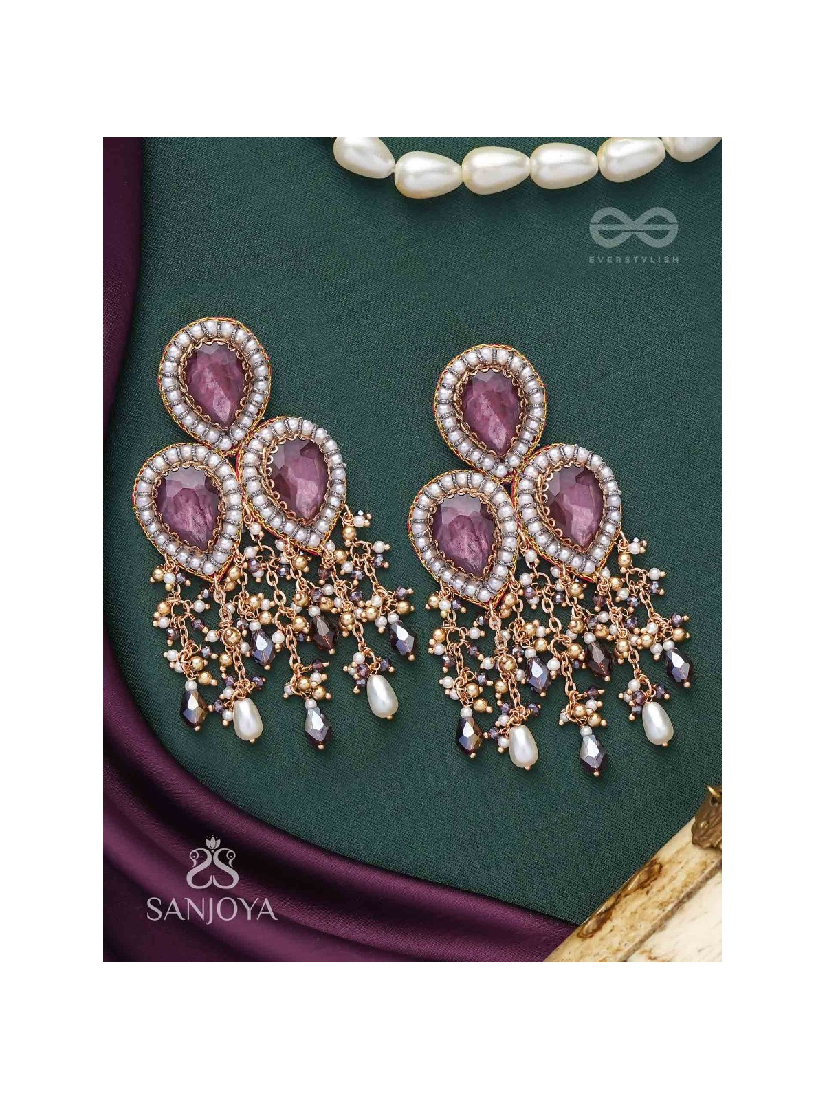 Anukrus - The Rosy Rain - Stone And Beads Hand Embroidered Earrings