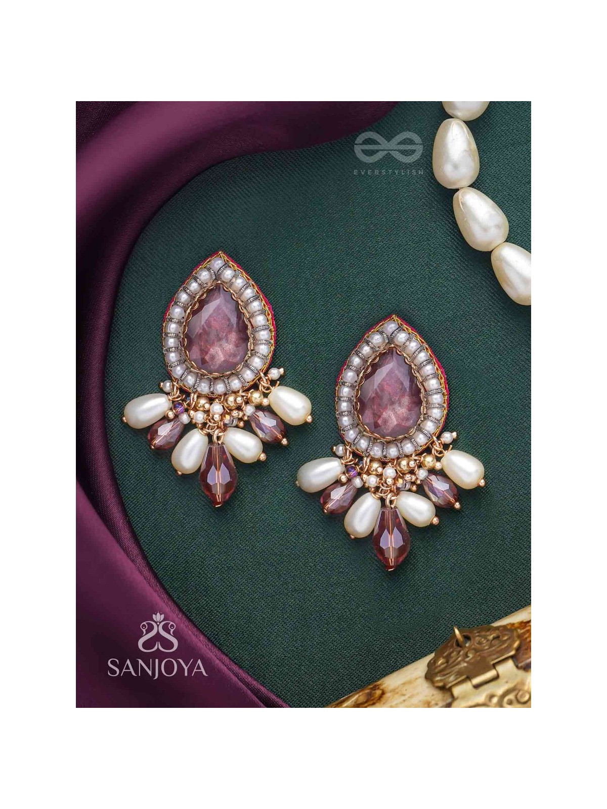 Atyala - The Rosy Raindrop - Stone, Beads And Glass Drop Hand Embroidered Earrings