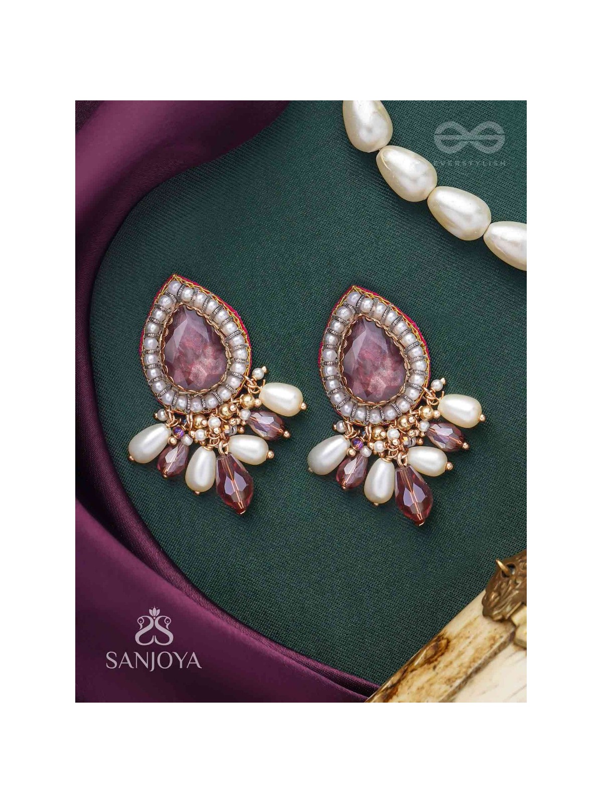 Atyala - The Rosy Raindrop - Stone, Beads And Glass Drop Hand Embroidered Earrings