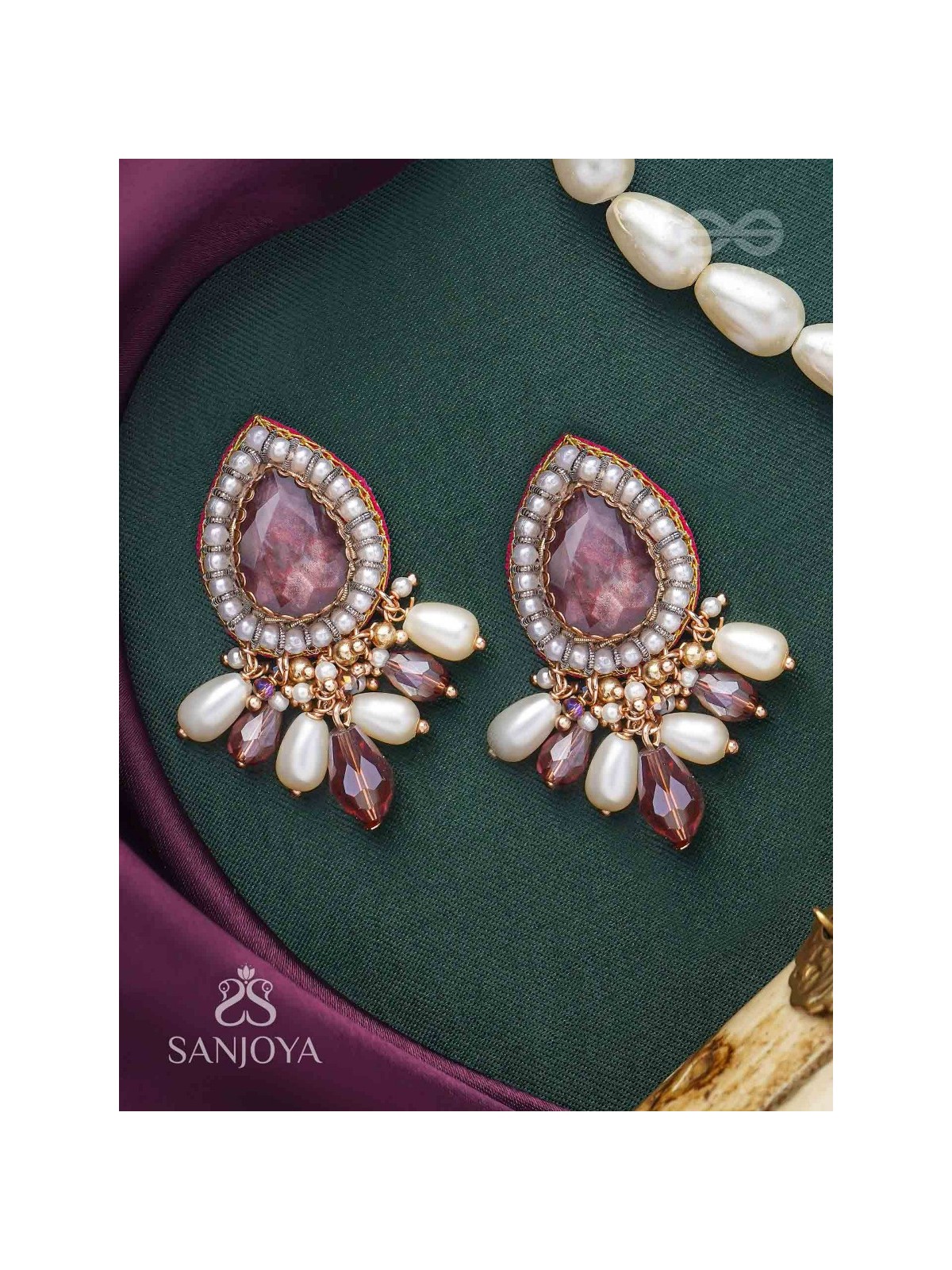 Atyala - The Rosy Raindrop - Stone, Beads And Glass Drop Hand Embroidered Earrings