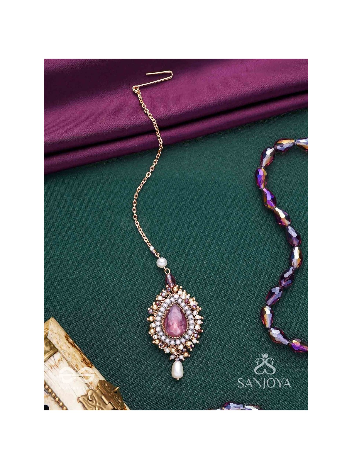 Asyama - The Violet Veil - Beads, Pearl And Stone Hand Embroidered Maangtika 