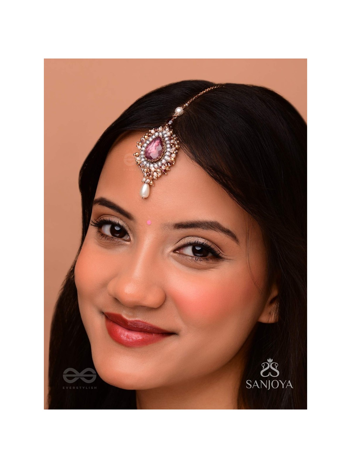 Asyama - The Violet Veil - Beads, Pearl And Stone Hand Embroidered Maangtika 