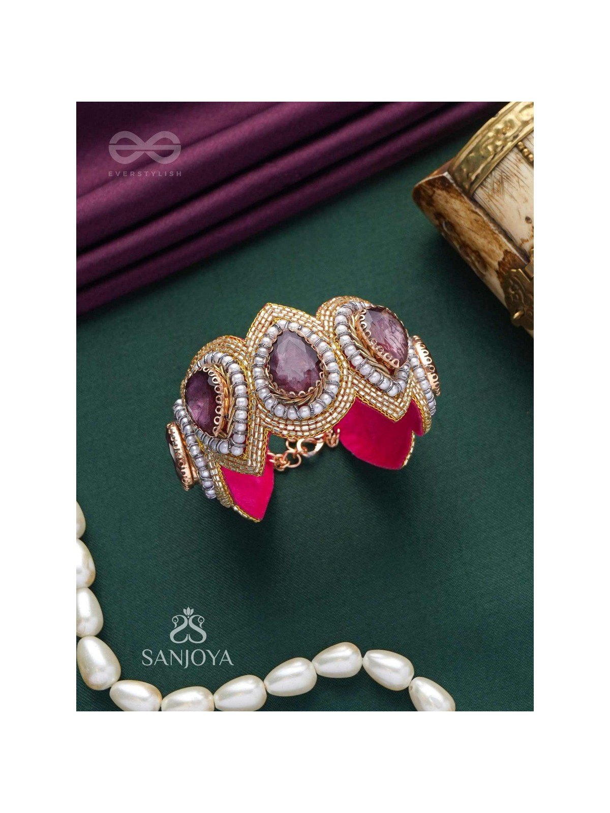 Pratijna - The Glowing Glamour - Stone, Beads And Cutdana Hand Embroidered Cuff Bracelet