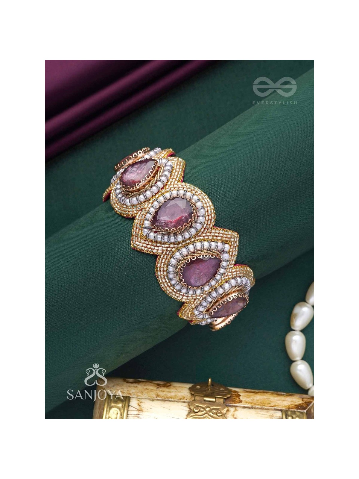 Pratijna - The Glowing Glamour - Stone, Beads And Cutdana Hand Embroidered Cuff Bracelet