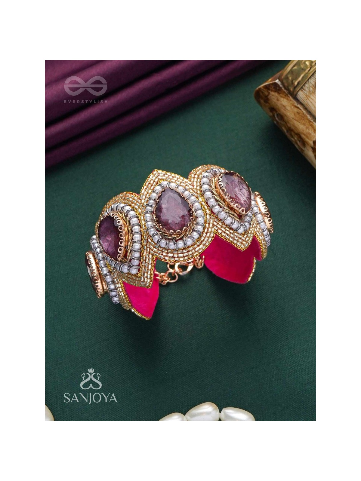 Pratijna - The Glowing Glamour - Stone, Beads And Cutdana Hand Embroidered Cuff Bracelet