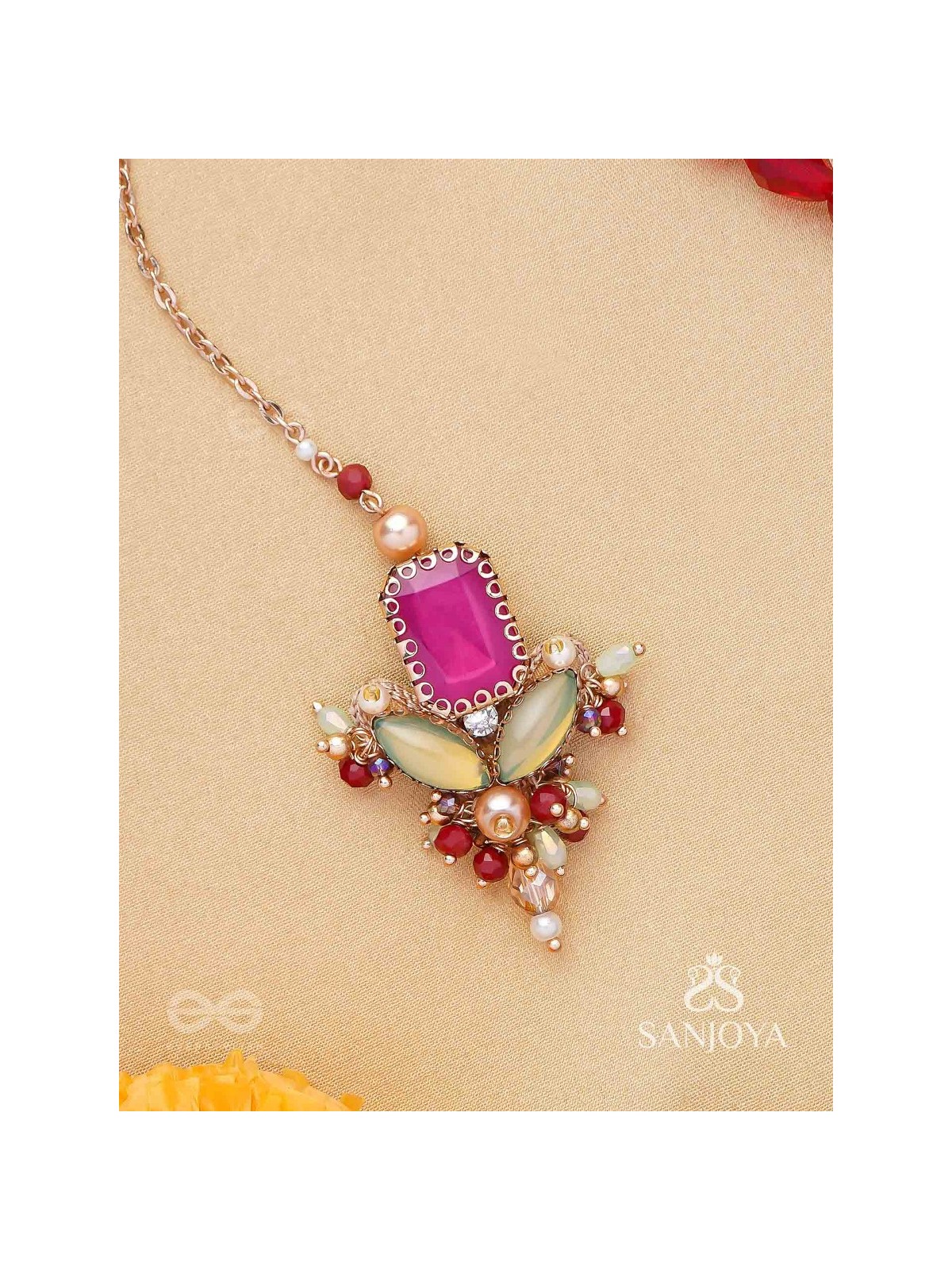 Madhudyana - Garden Of Spring - Stone And Beads Hand Embroidered Maangtika