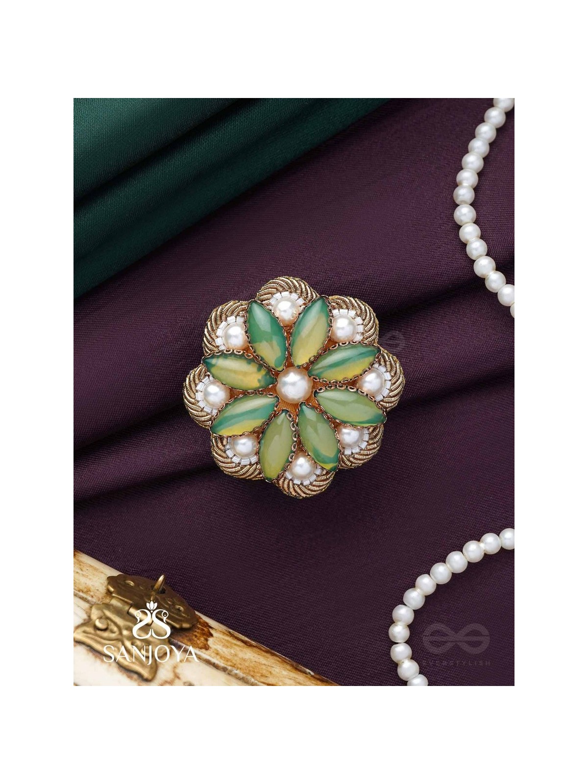 Pratika - The Oasis Blossom - Stone And Pearls Hand Embroidered Ring (Adjustable)