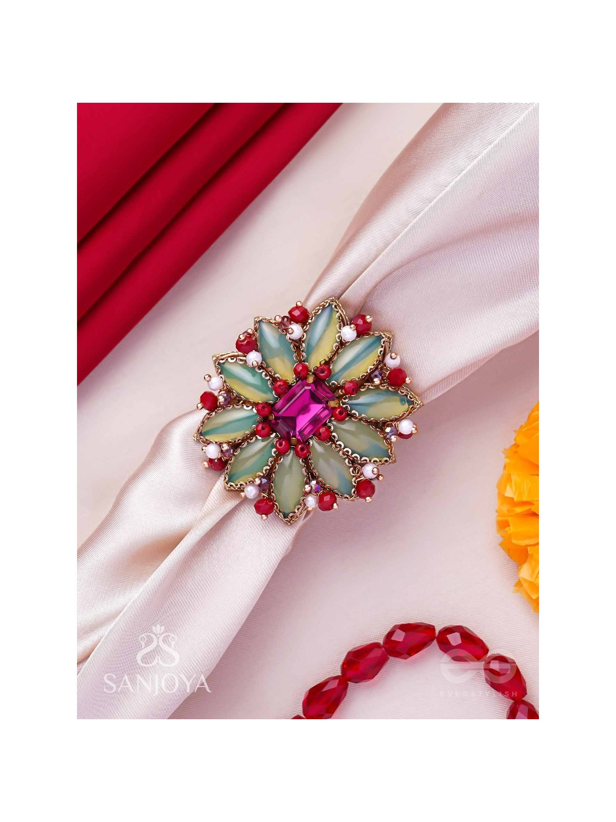Ardramanjari - The Fresh Bloom - Stones And Beads Hand Embroidered Ring (Adjustable)