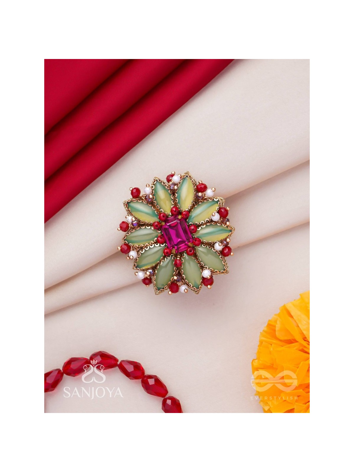 Ardramanjari - The Fresh Bloom - Stones And Beads Hand Embroidered Ring (Adjustable)