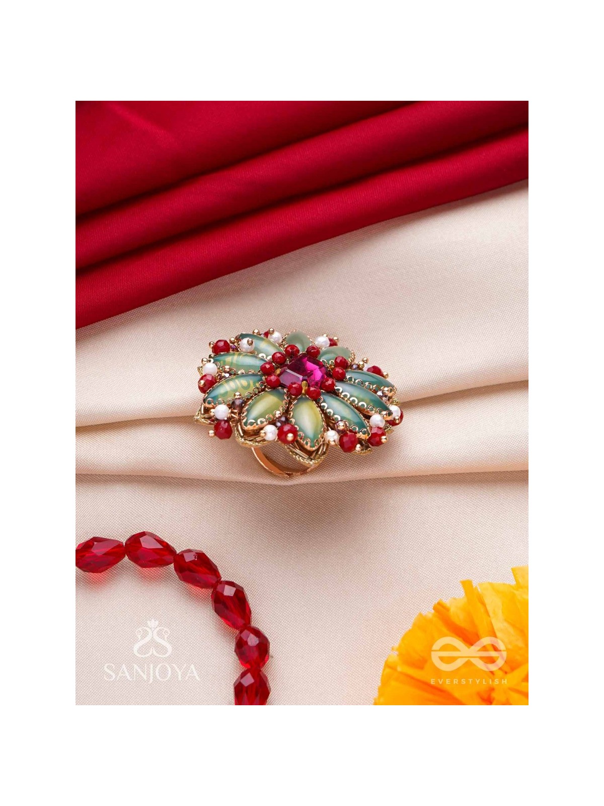 Ardramanjari - The Fresh Bloom - Stones And Beads Hand Embroidered Ring (Adjustable)