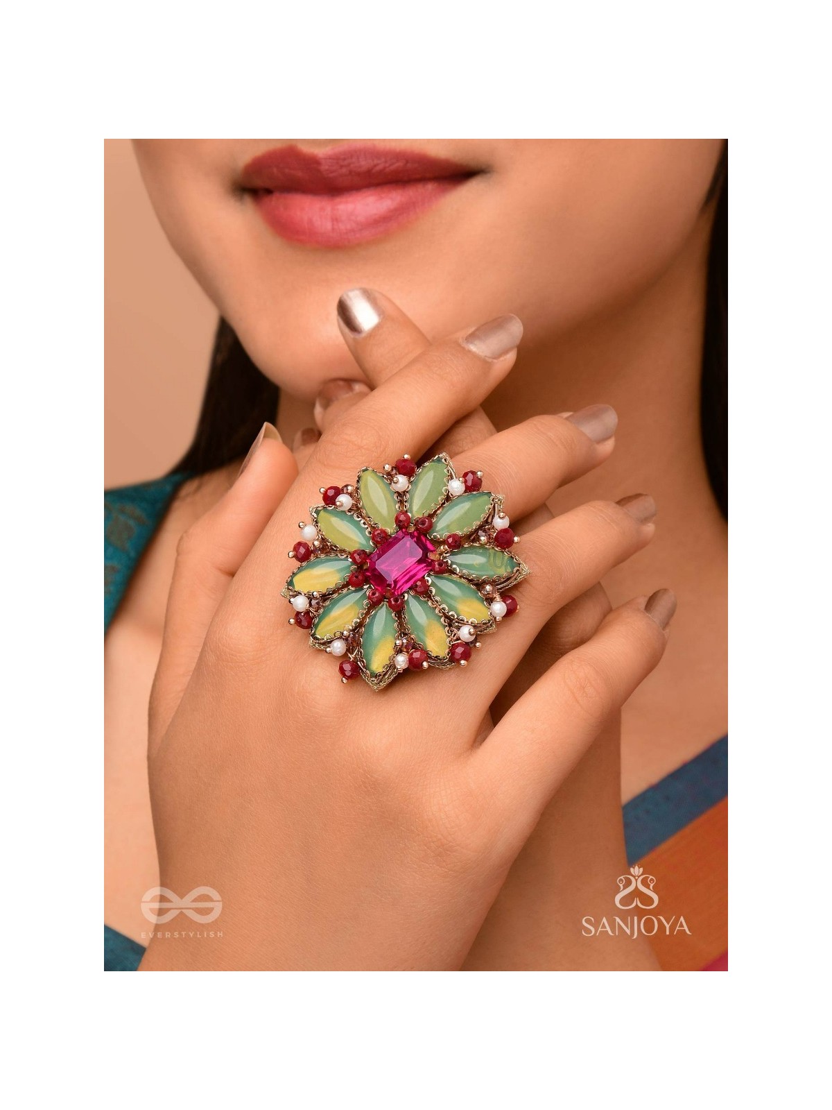 Ardramanjari - The Fresh Bloom - Stones And Beads Hand Embroidered Ring (Adjustable)