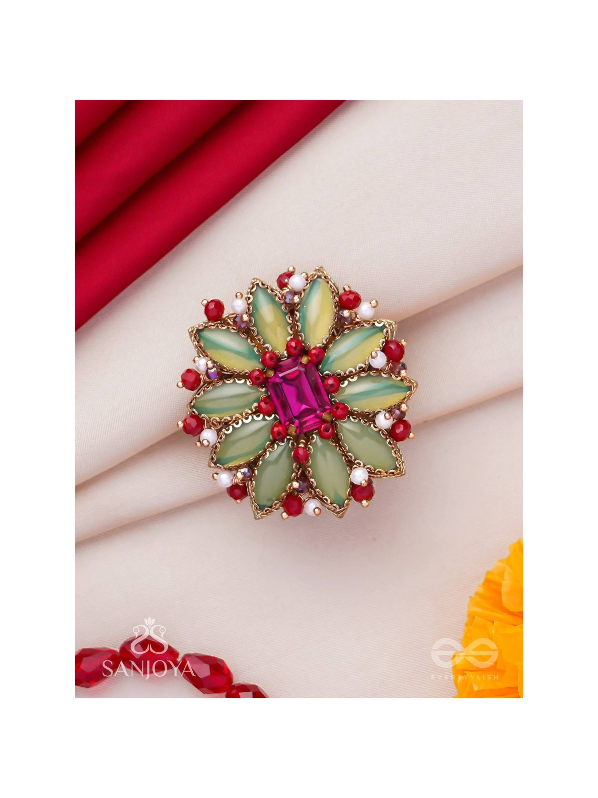 Ardramanjari - The Fresh Bloom - Stones And Beads Hand Embroidered Ring (Adjustable)
