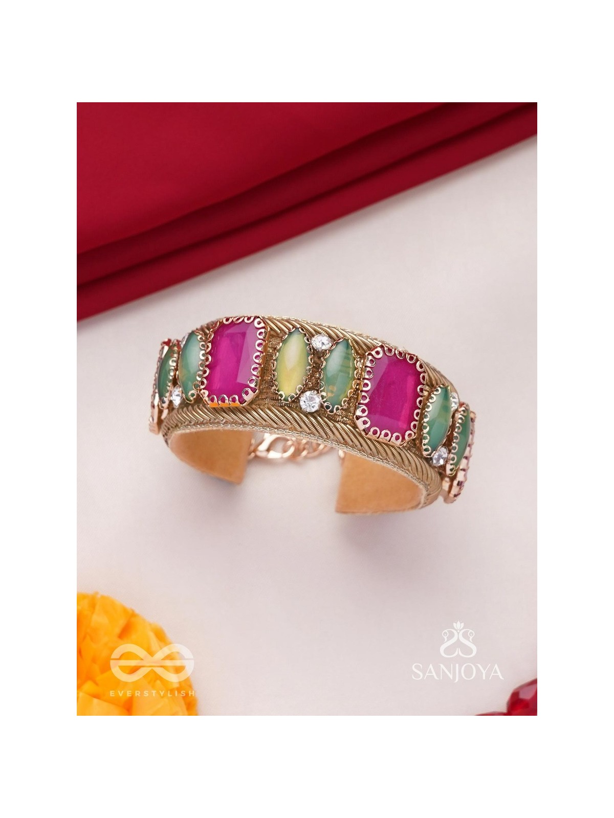 Satapattri - The Rosy Ferns - Stone Hand Embroidered Cuff Bracelet