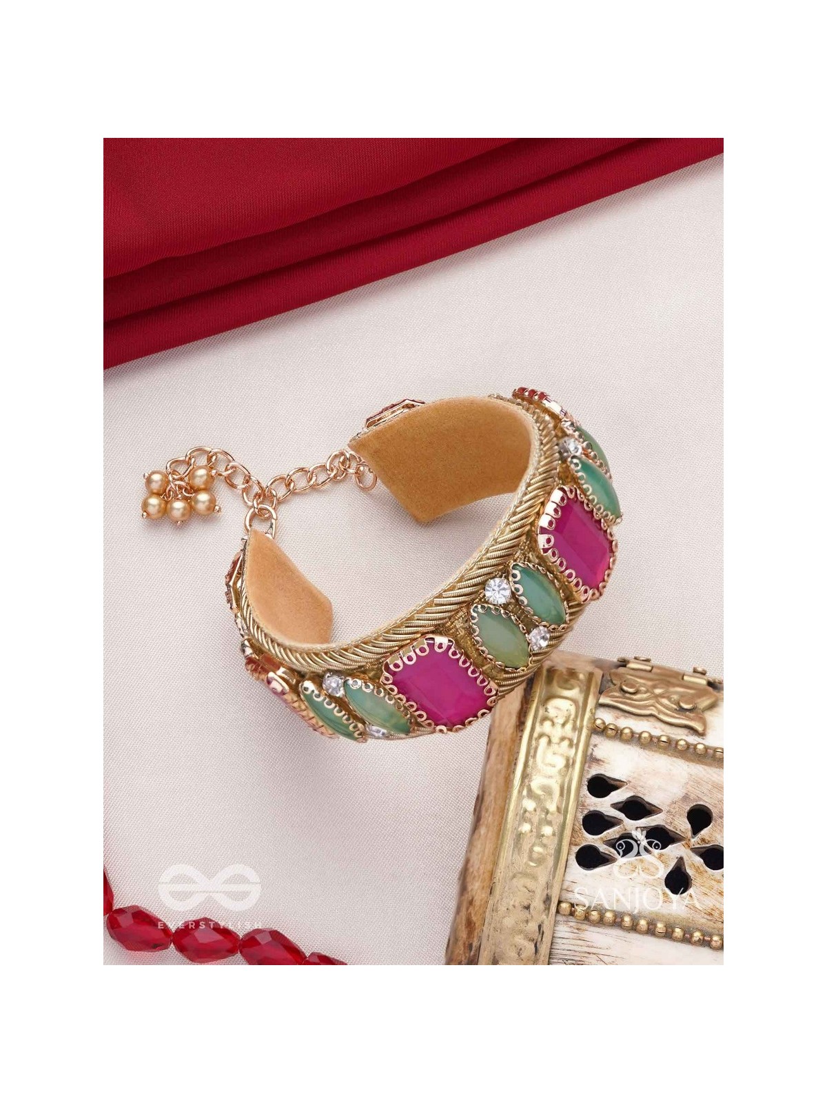 Satapattri - The Rosy Ferns - Stone Hand Embroidered Cuff Bracelet