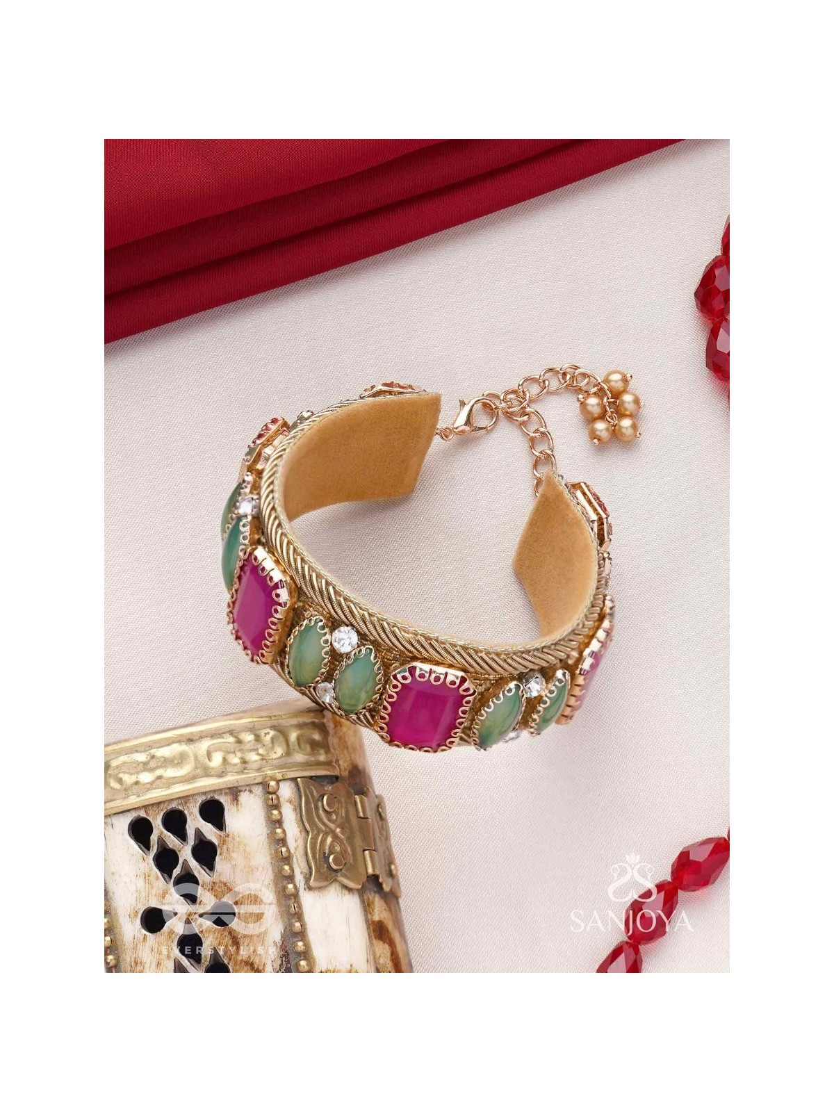 Satapattri - The Rosy Ferns - Stone Hand Embroidered Cuff Bracelet