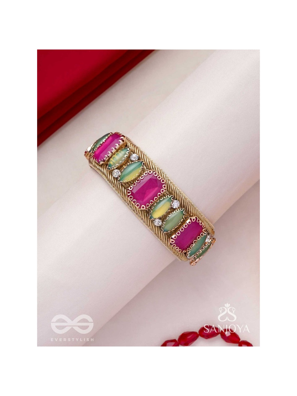 Satapattri - The Rosy Ferns - Stone Hand Embroidered Cuff Bracelet