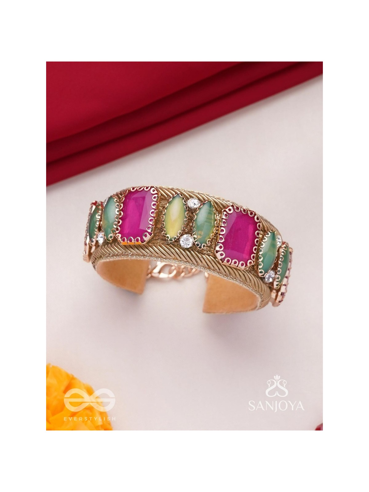 Satapattri - The Rosy Ferns - Stone Hand Embroidered Cuff Bracelet