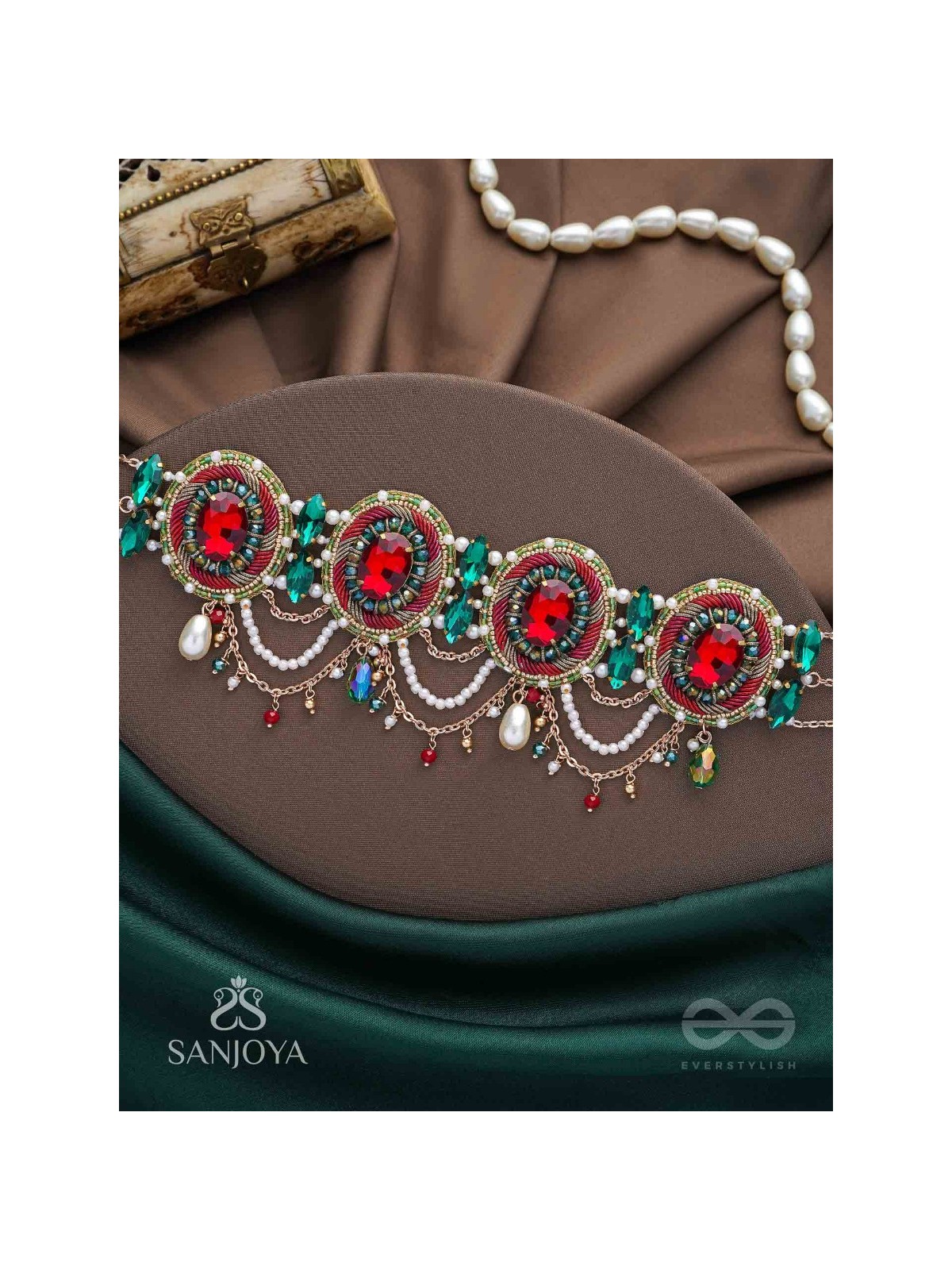Upakarana - Royal Ruby Rainfall - Stone, Beads And Glass Drops Hand Embroidered  Choker Neckpiece