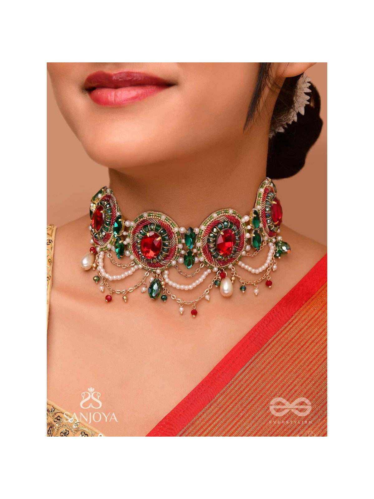 Upakarana - Royal Ruby Rainfall - Stone, Beads And Glass Drops Hand Embroidered  Choker Neckpiece