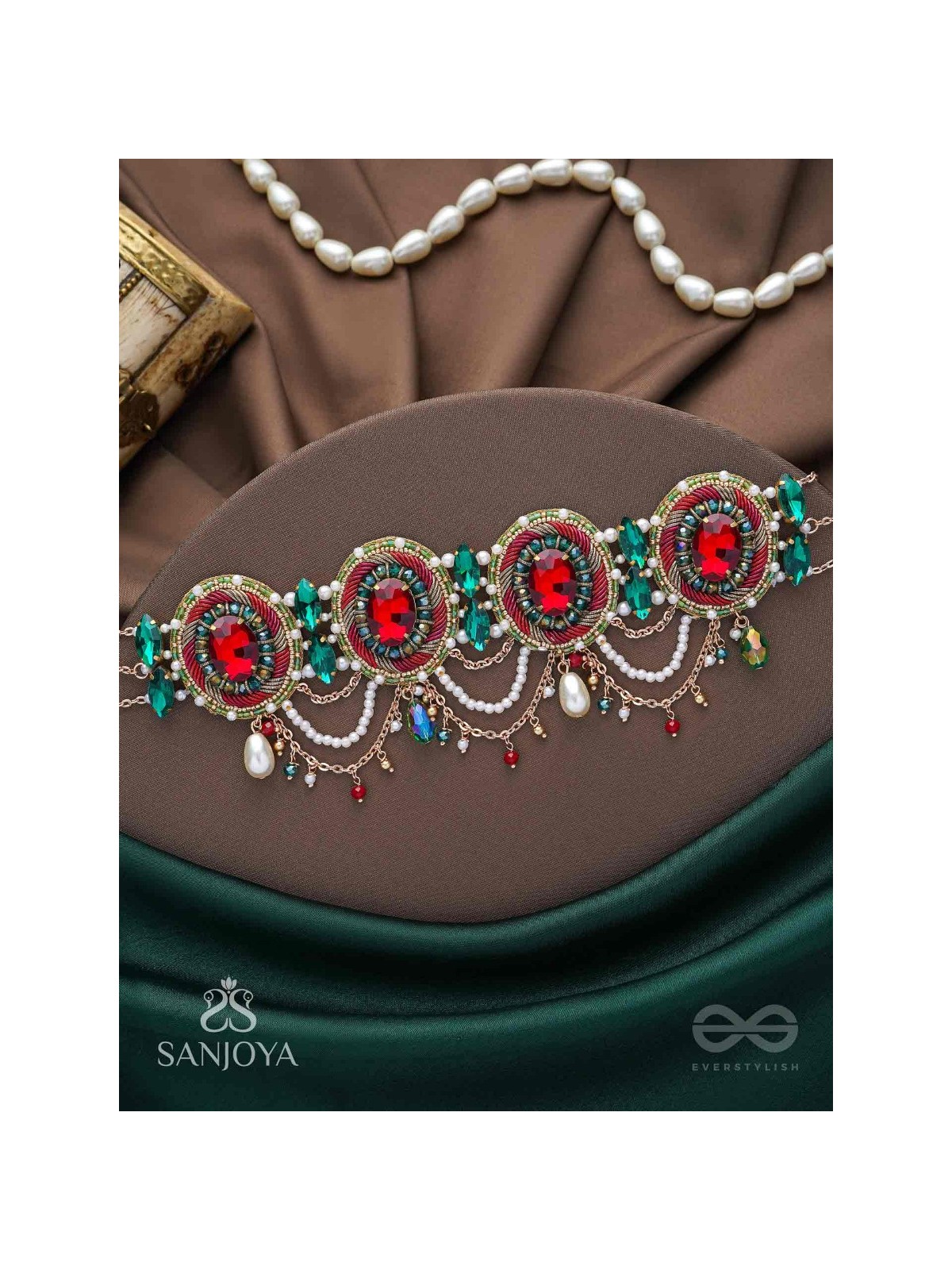 Upakarana - Royal Ruby Rainfall - Stone, Beads And Glass Drops Hand Embroidered  Choker Neckpiece