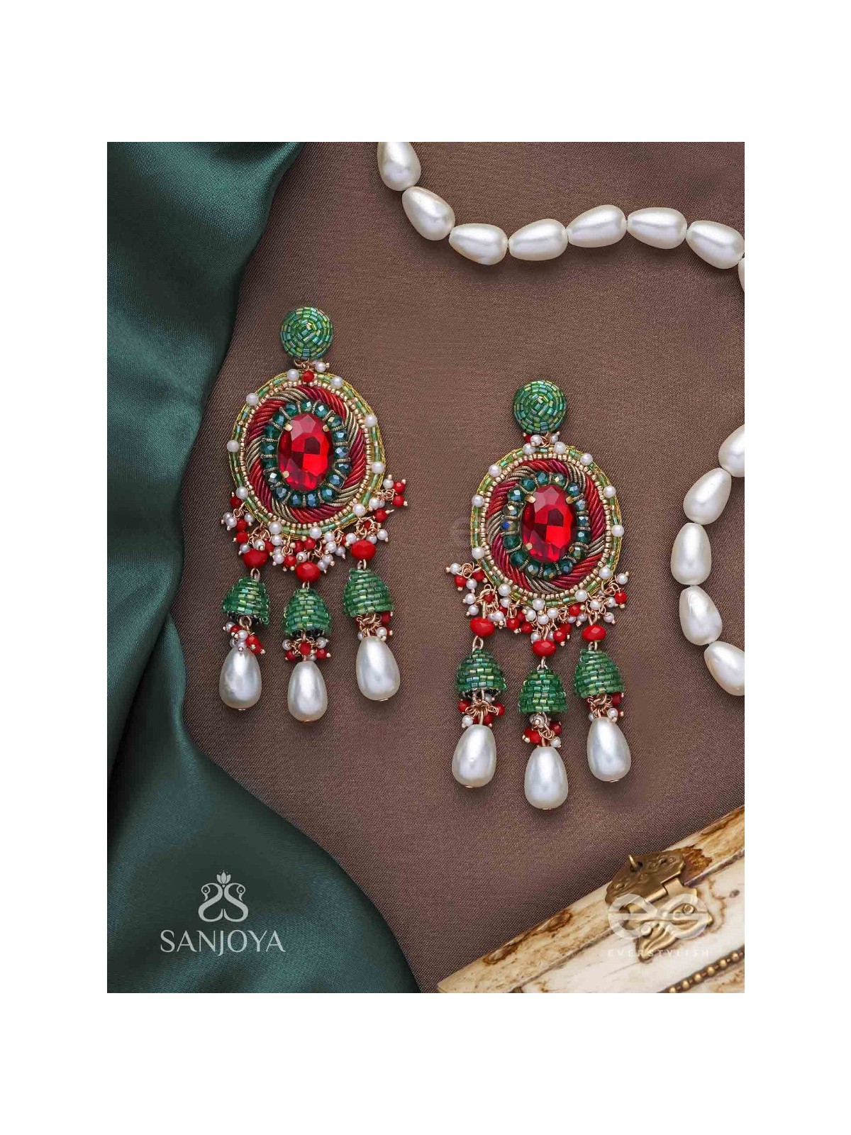 Aklishta - The Scarlet Splendor - Stone, Cutdana And Beads Hand Embroidered Earrings