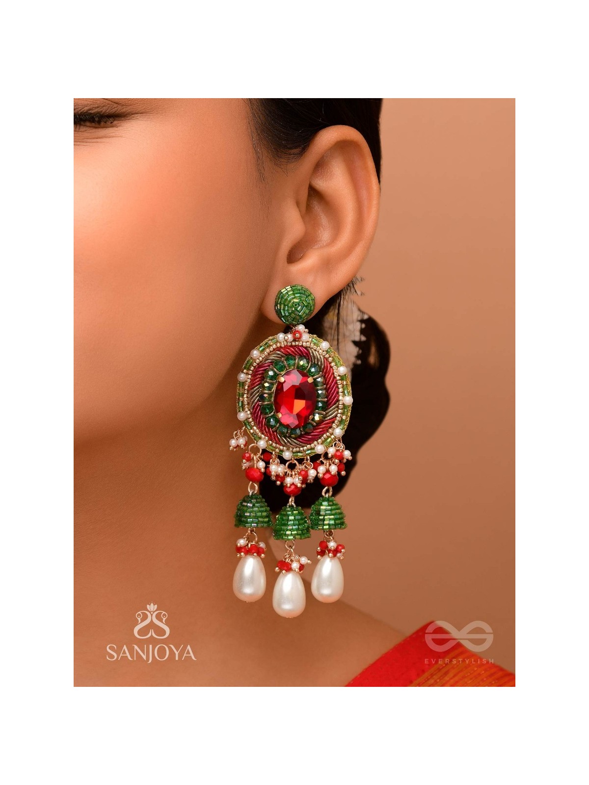 Aklishta - The Scarlet Splendor - Stone, Cutdana And Beads Hand Embroidered Earrings