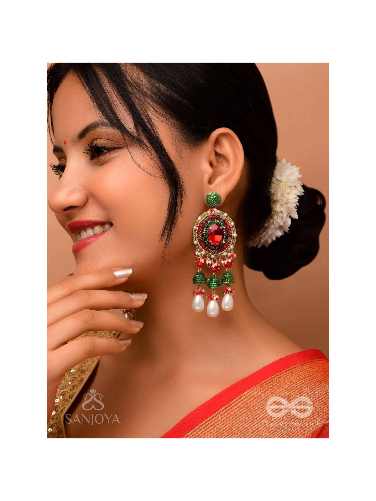 Aklishta - The Scarlet Splendor - Stone, Cutdana And Beads Hand Embroidered Earrings