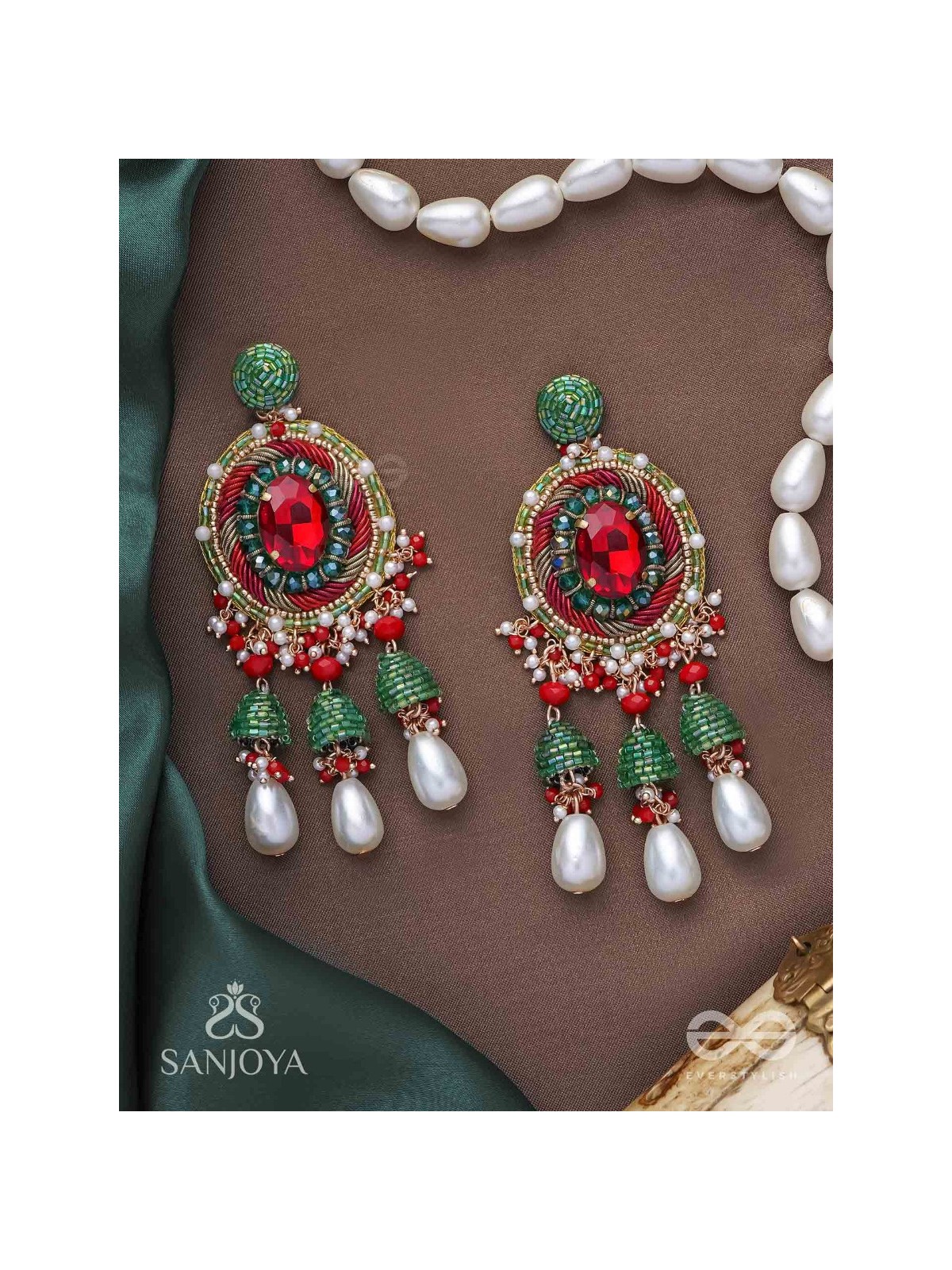 Aklishta - The Scarlet Splendor - Stone, Cutdana And Beads Hand Embroidered Earrings