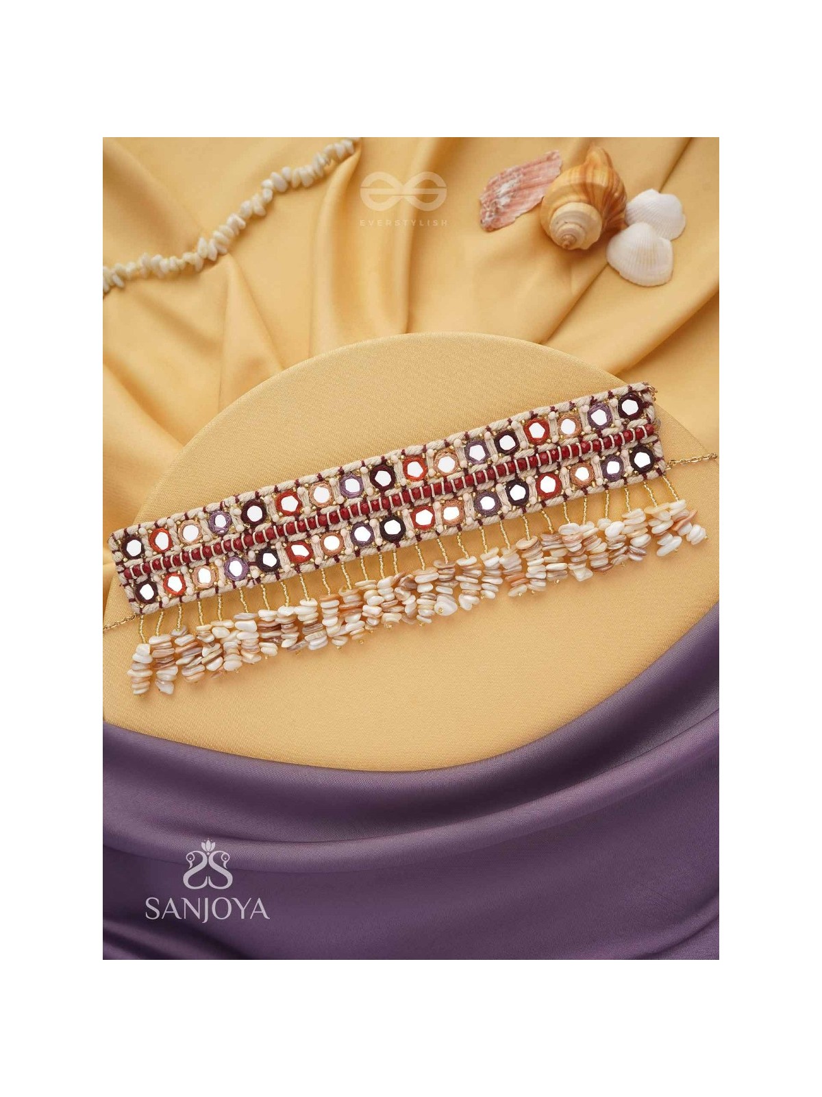 Revata - Hues Of Ocean - Mirror And Resham Hand Embroidered Neckpiece