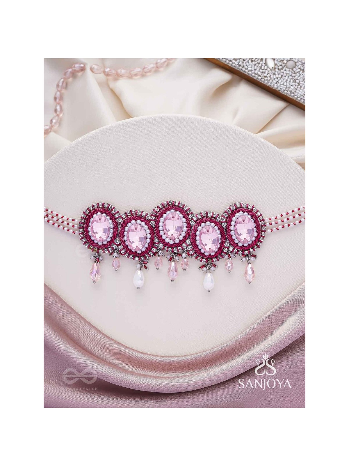 Udagat - Blushing Rose - Stone, Beads And Glass Drops Hand Embroidered Neckpiece