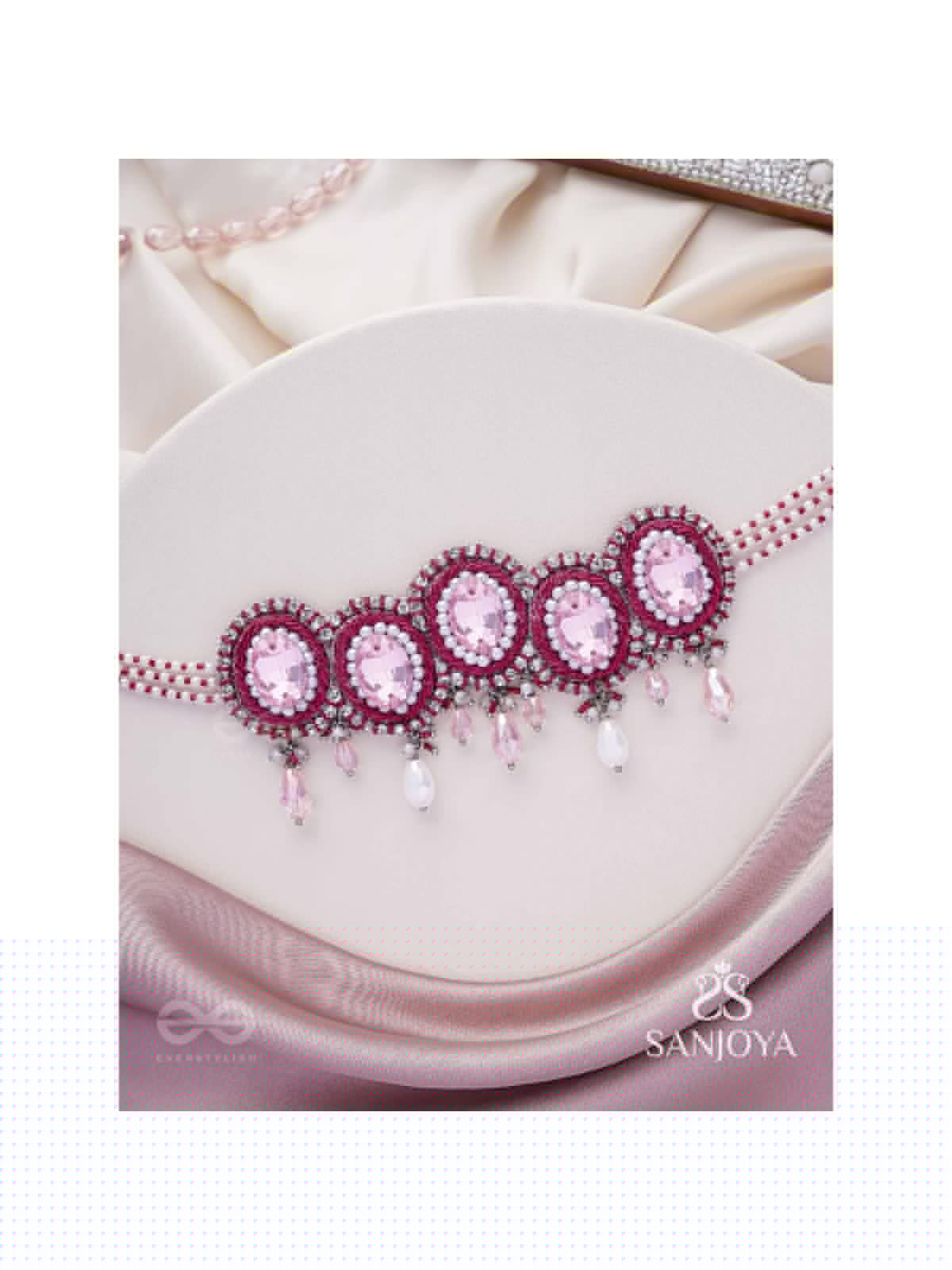 Udagat - Blushing Rose - Stone, Beads And Glass Drops Hand Embroidered Neckpiece