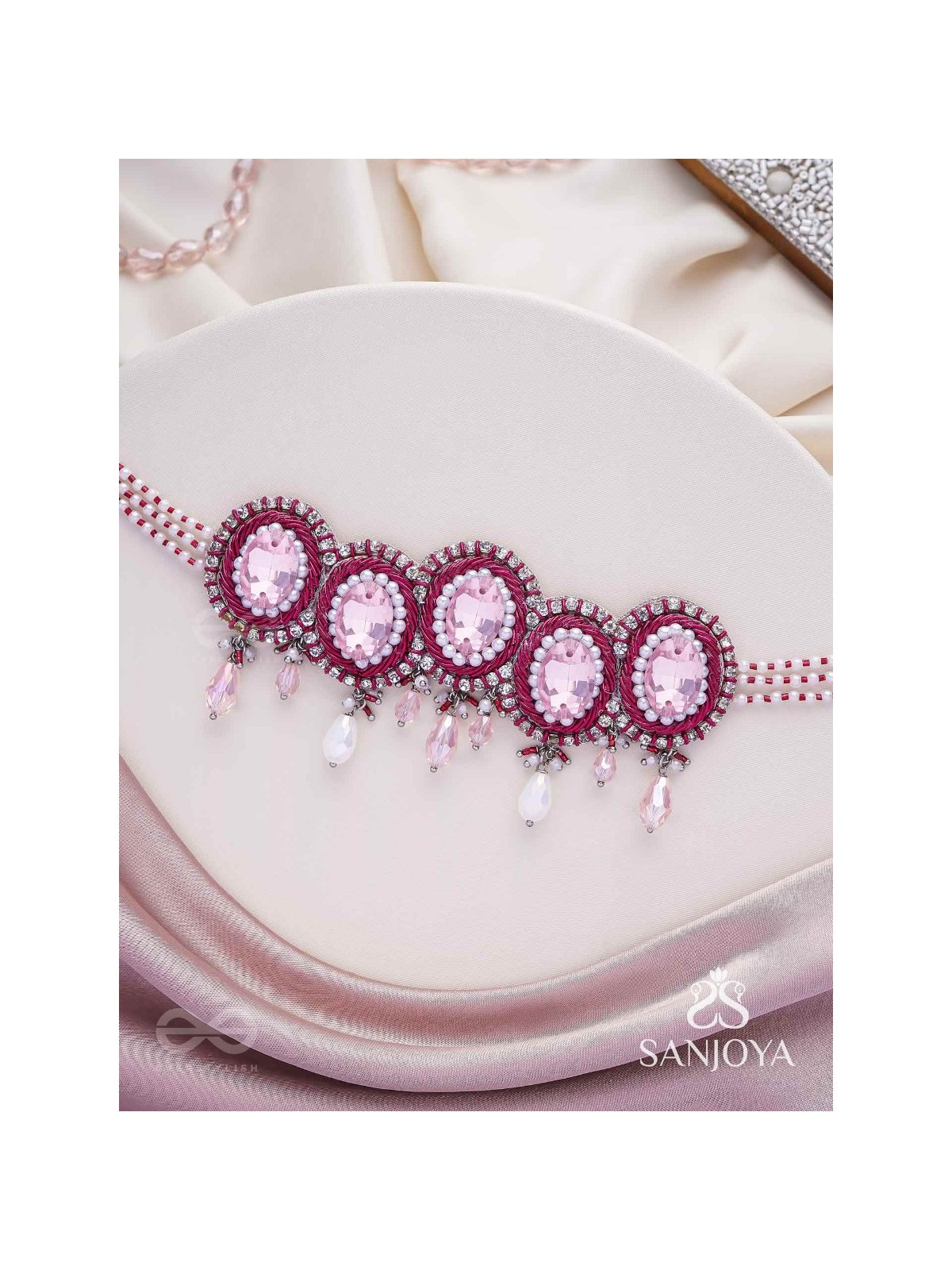 Udagat - Blushing Rose - Stone, Beads And Glass Drops Hand Embroidered Neckpiece