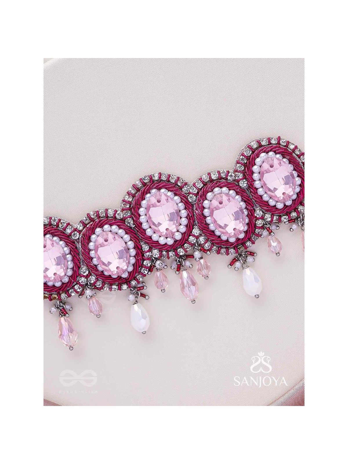 Udagat - Blushing Rose - Stone, Beads And Glass Drops Hand Embroidered Neckpiece