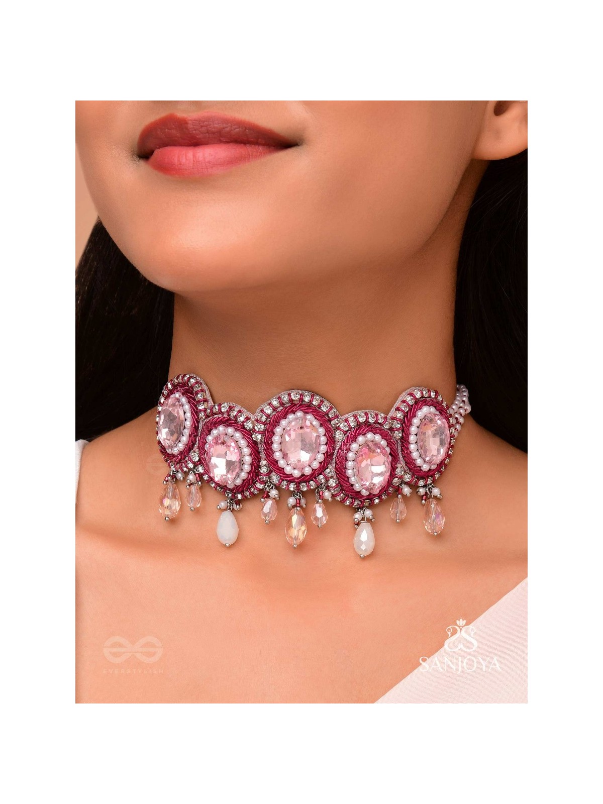 Udagat - Blushing Rose - Stone, Beads And Glass Drops Hand Embroidered Neckpiece