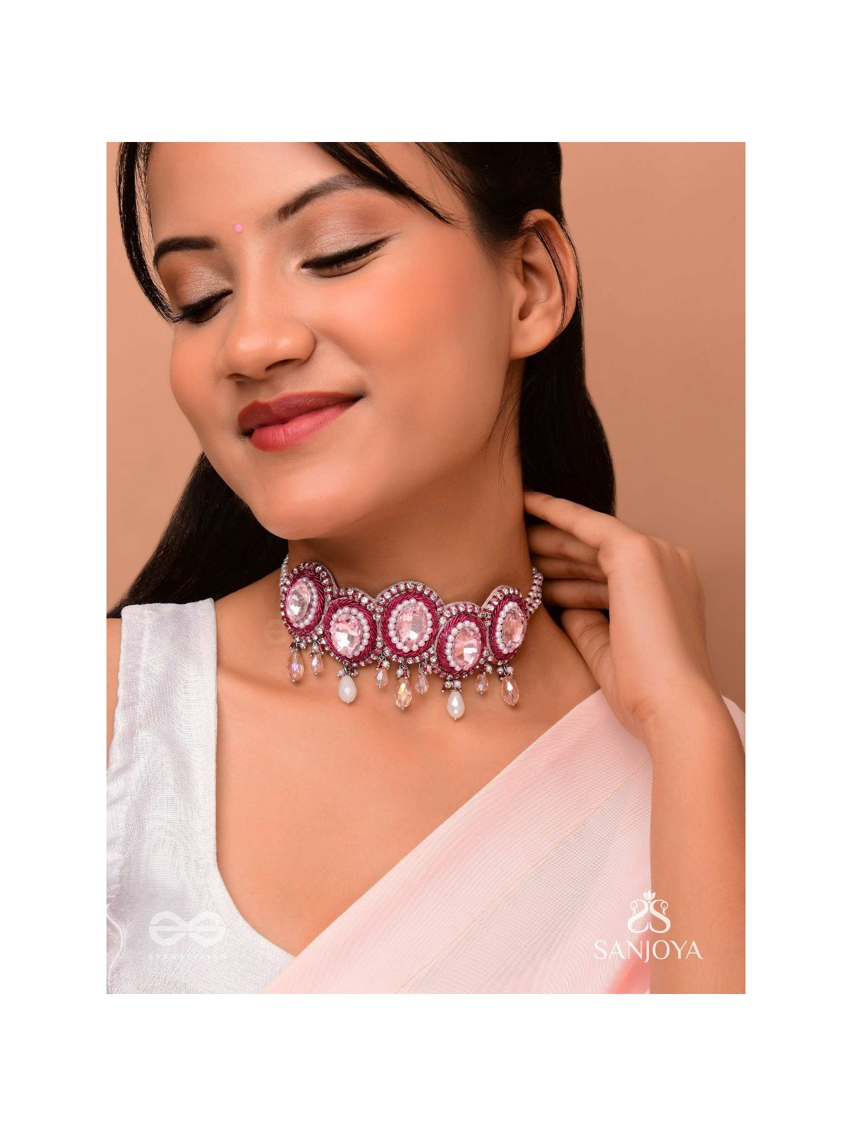 Udagat - Blushing Rose - Stone, Beads And Glass Drops Hand Embroidered Neckpiece