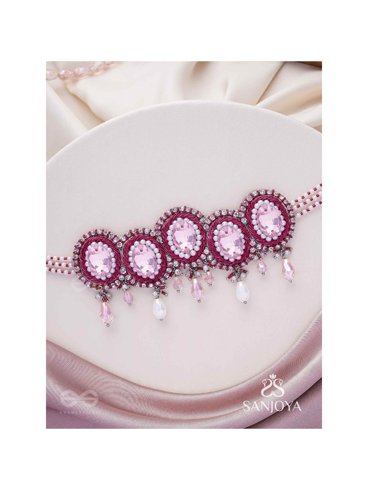 Udagat - Blushing Rose - Stone, Beads And Glass Drops Hand Embroidered Neckpiece