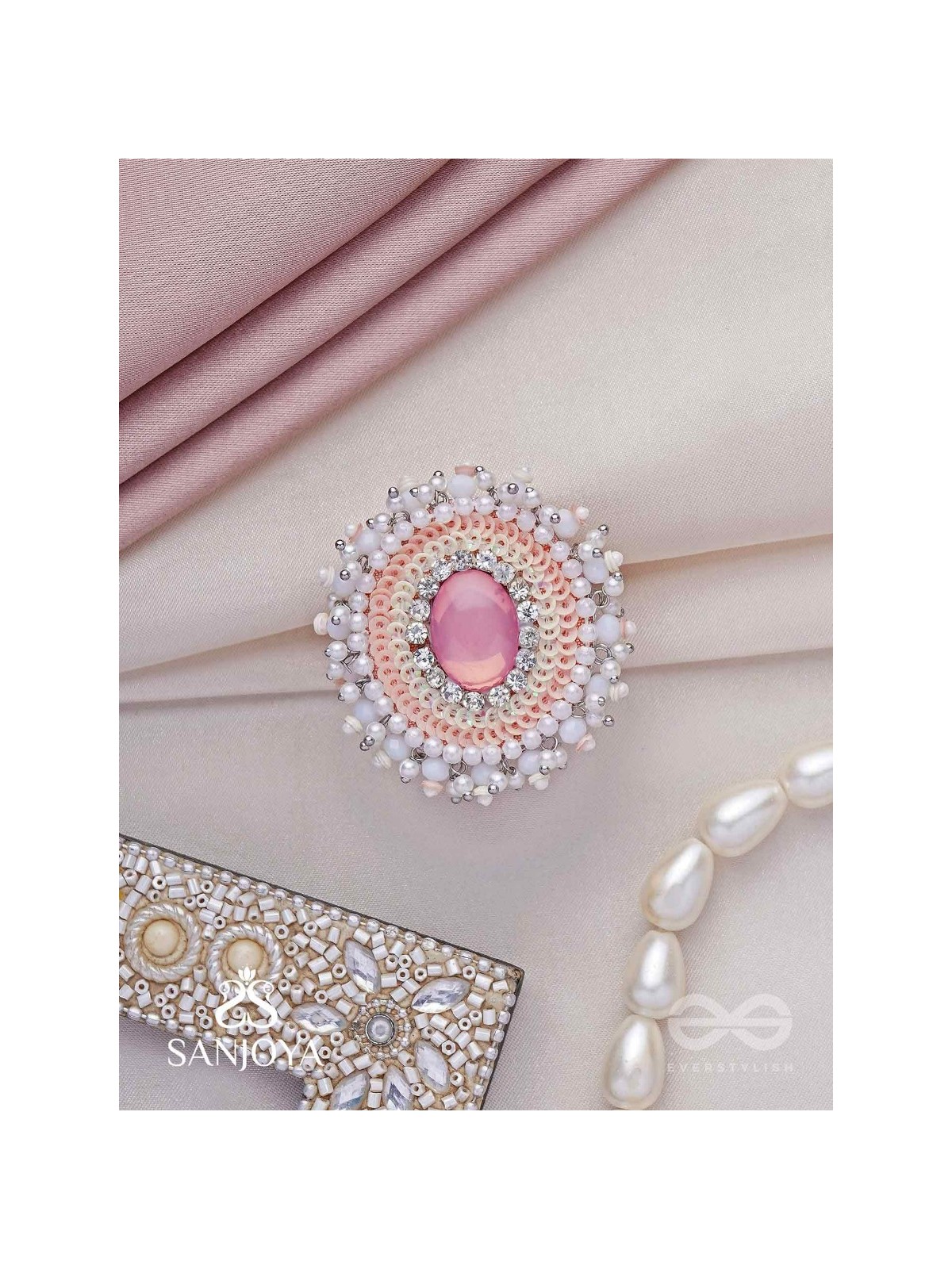 Anushayin- The Budding Faith- Stone, Beads And Sequins Hand  Embroidered Stud Ring