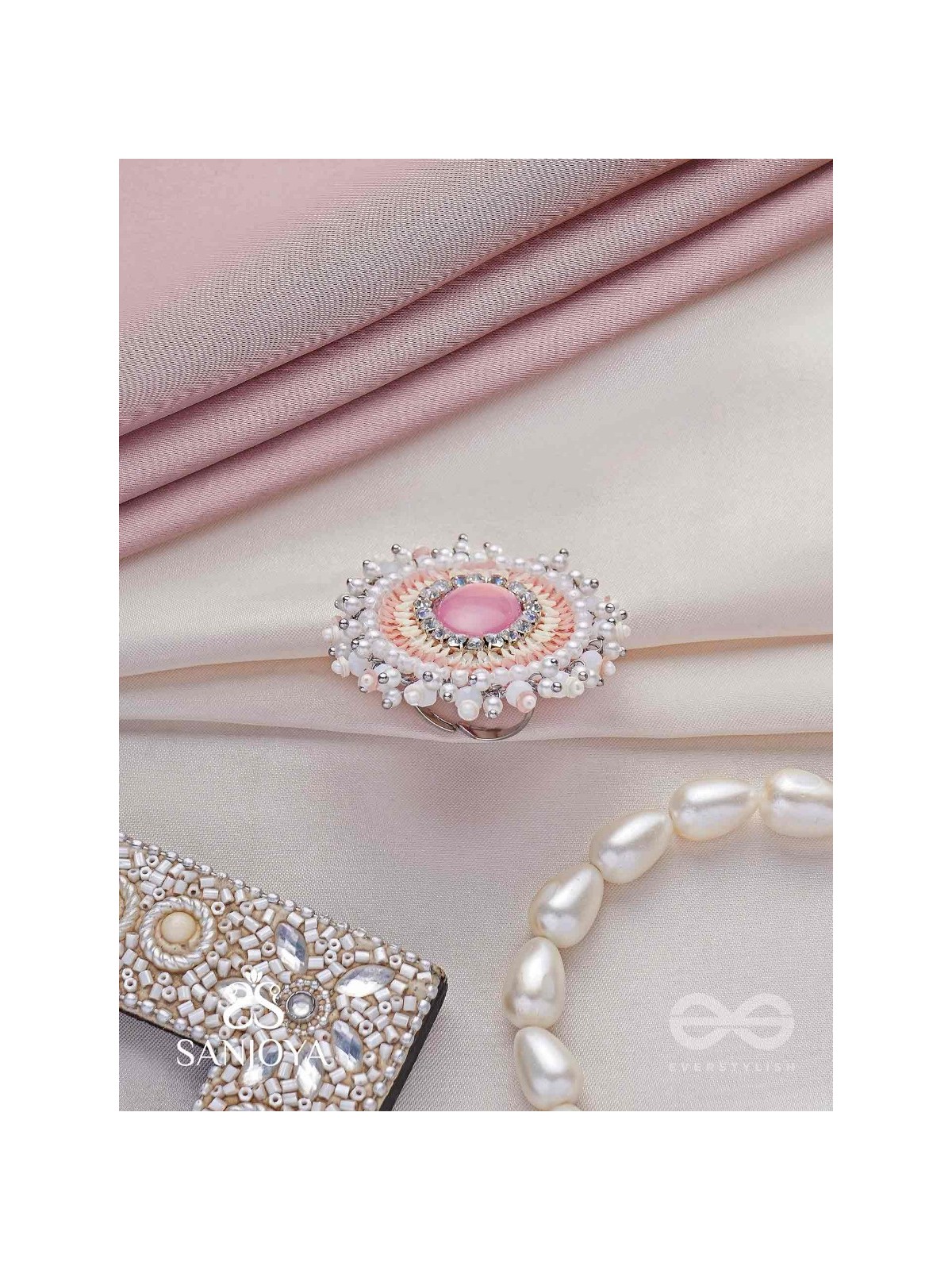 Anushayin- The Budding Faith- Stone, Beads And Sequins Hand  Embroidered Stud Ring